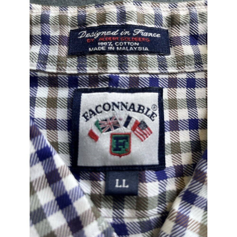 Faconnable Shirt Mens Large Brown Green Purple Plaid Check Long Sleeve